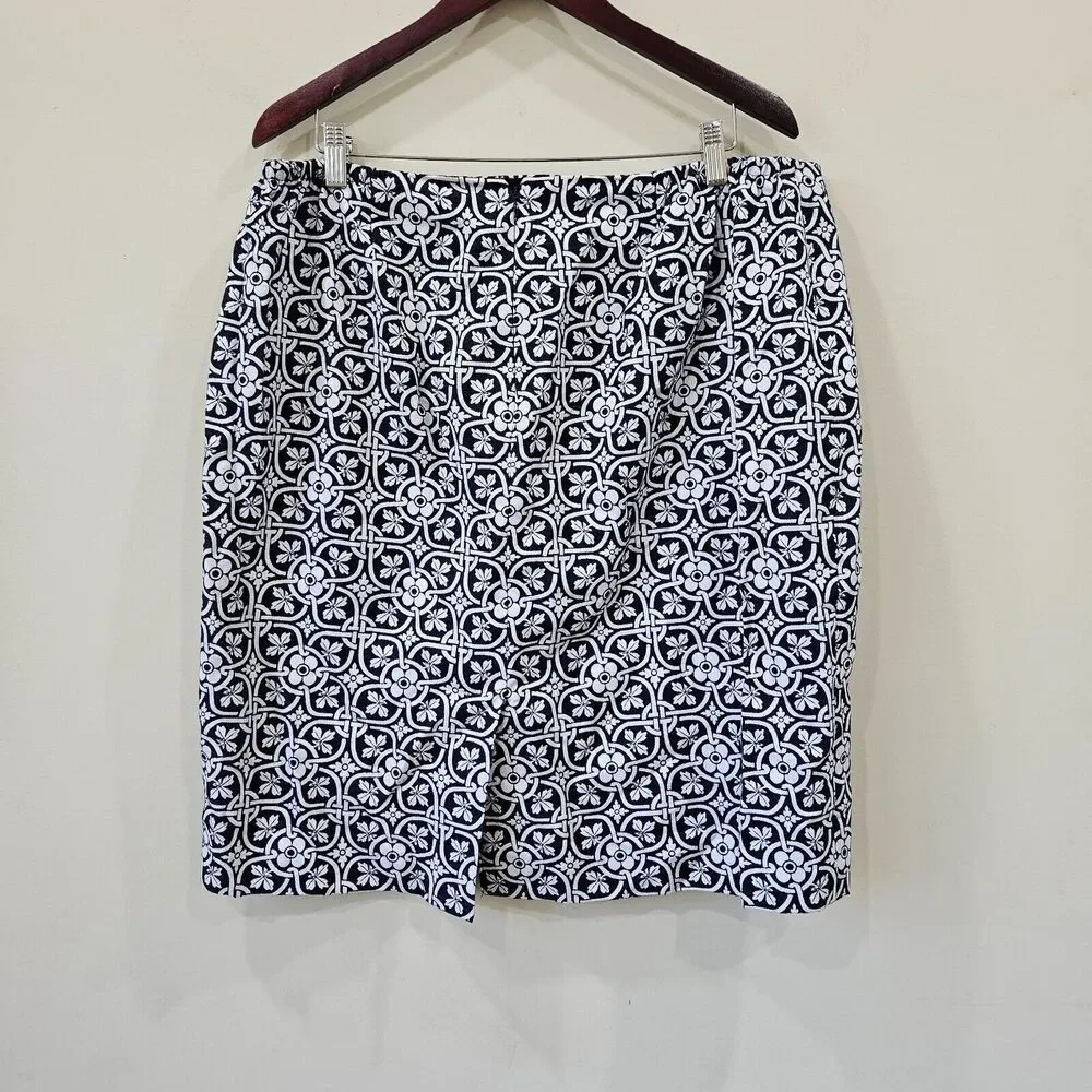 Talbots Womens Geometric Pencil Skirt Blue White Business Career Work Dressy